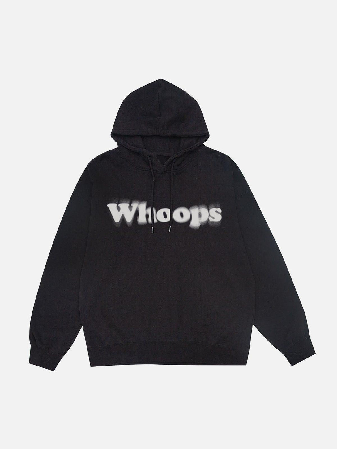Black hoodie with "Whoops" print by TALISHKO, showcasing a bold street-inspired design.