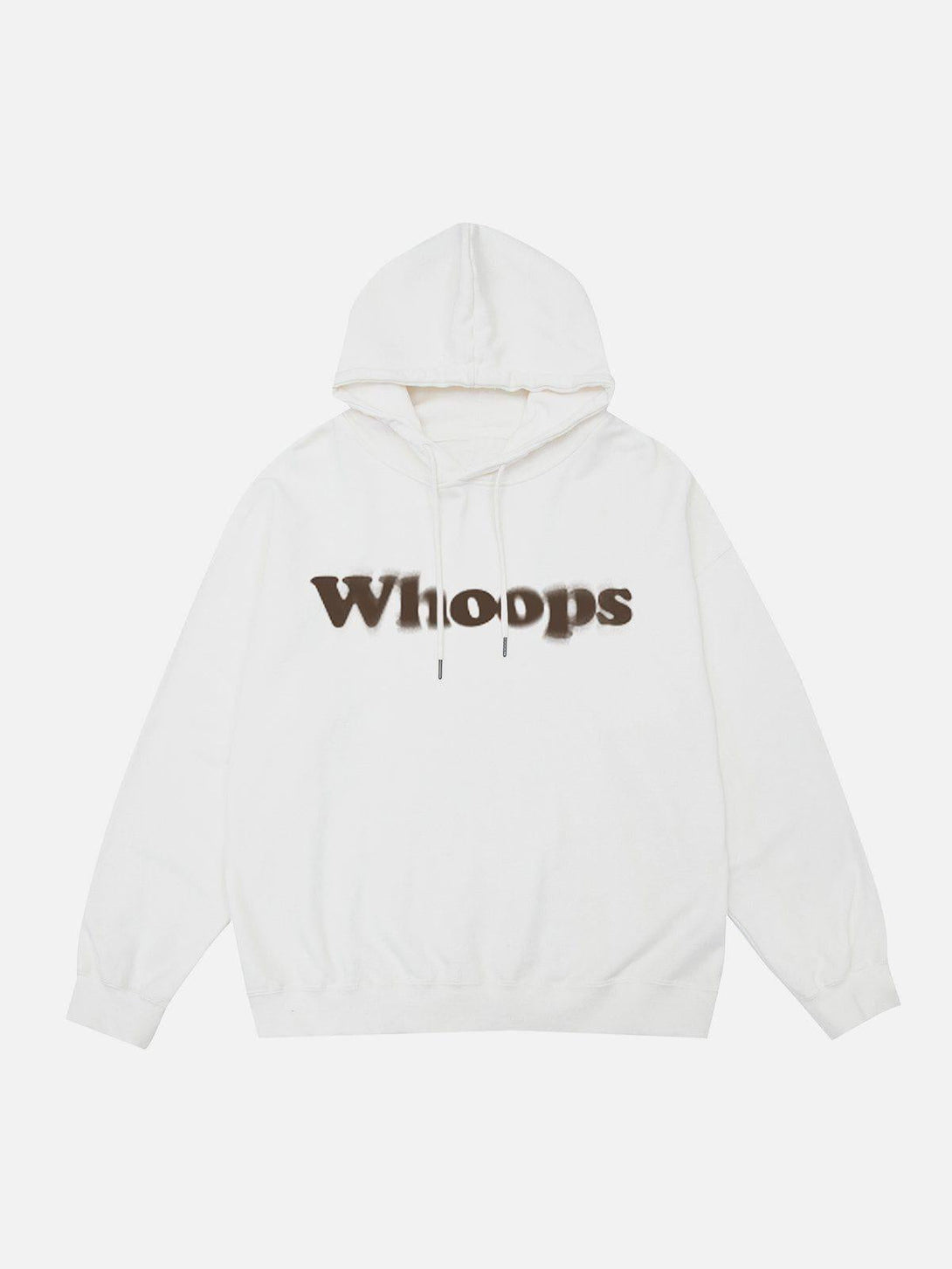 Front view of white hoodie with "Whoops" print by TALISHKO, showcasing a trendy urban style.