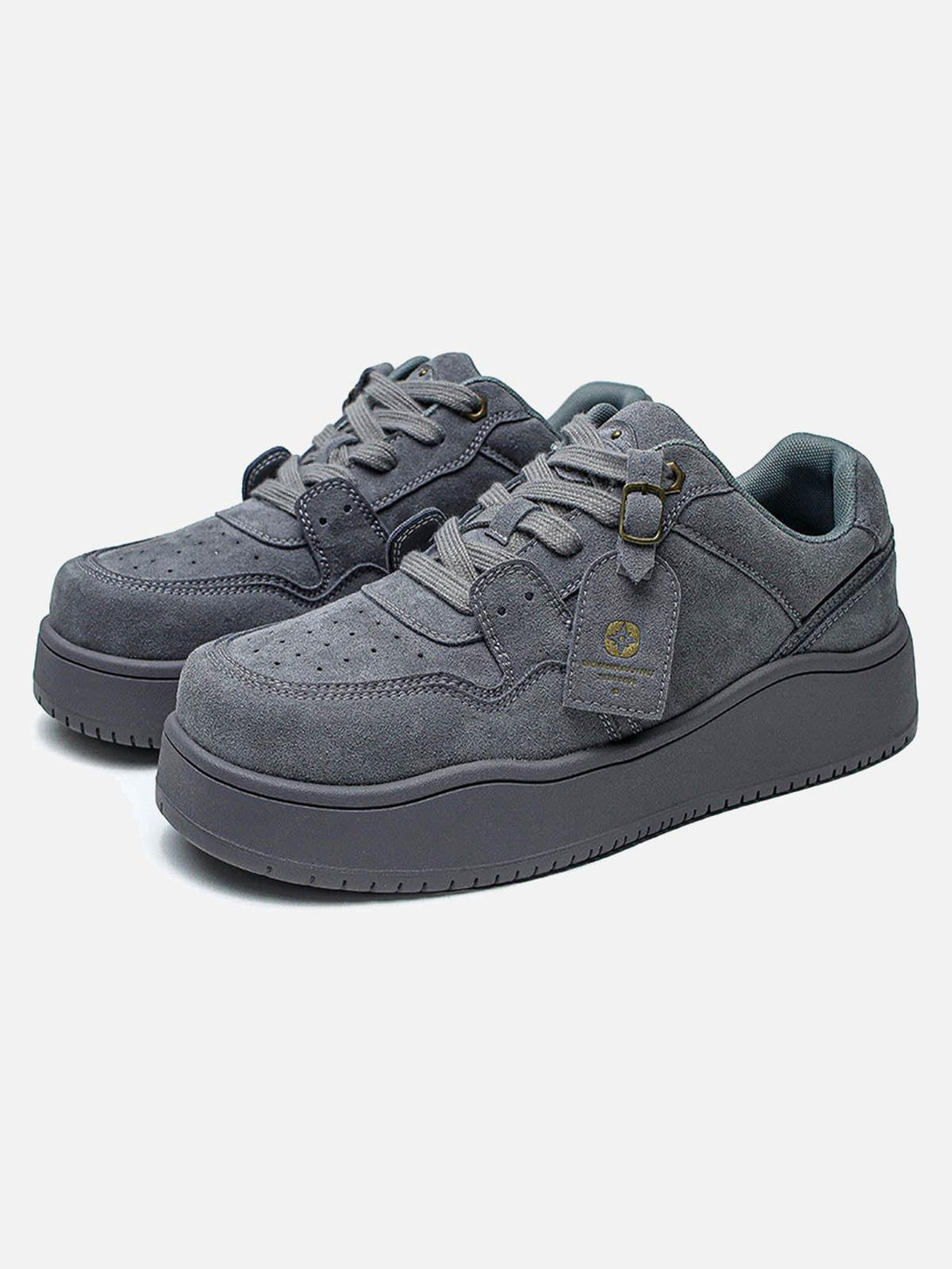 Gray suede low-top skate shoes by TALISHKO in a front view, perfect for urban style.
