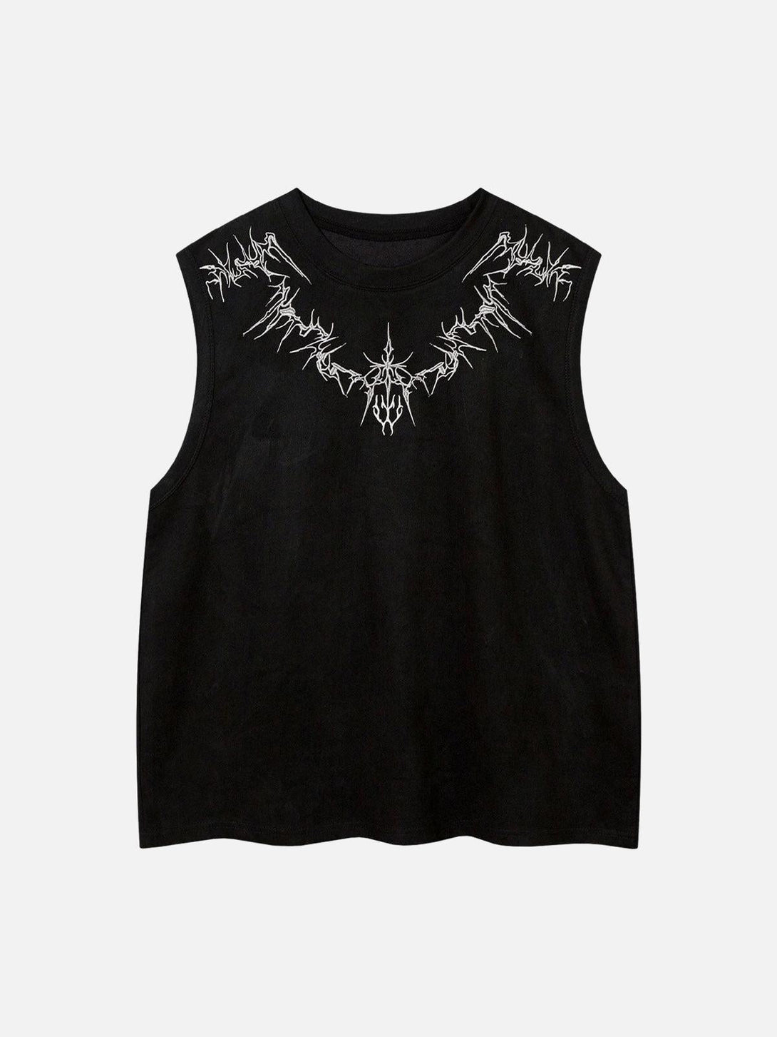 Front view of a black suede vest with thorn embroidery by TALISHKO, perfect for edgy styling.