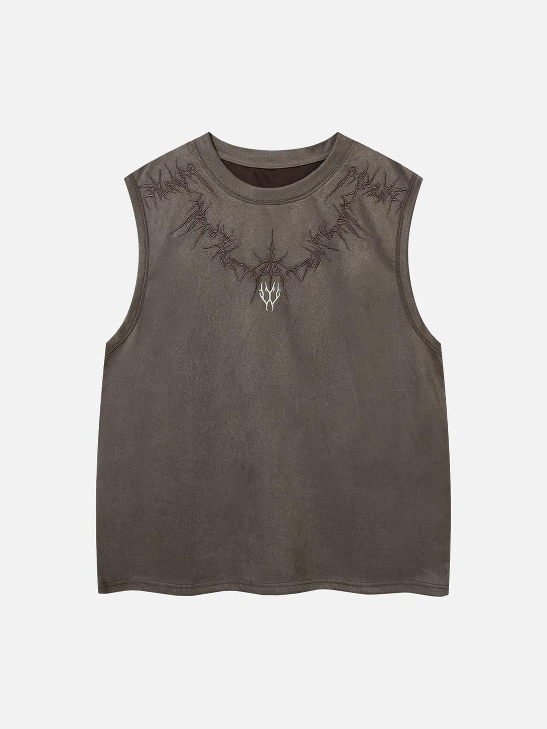 Front view of a coffee suede vest with thorn embroidery by TALISHKO, showcasing a unique style.