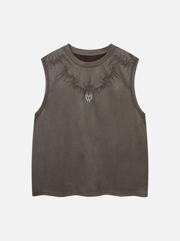 Front view of a coffee suede vest with thorn embroidery by TALISHKO, showcasing a unique style.