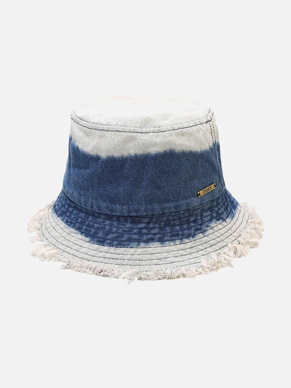TALISHKO denim bucket hat in dark blue with frayed edges, perfect for casual street style.