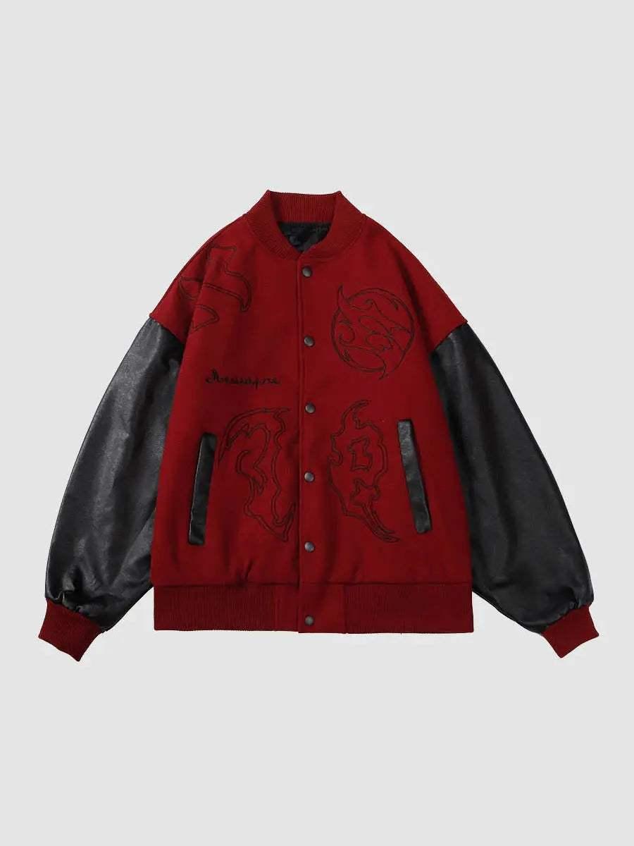 Front view of TALISHKO's red racing jacket with symbolic embroidery and PU leather sleeves.