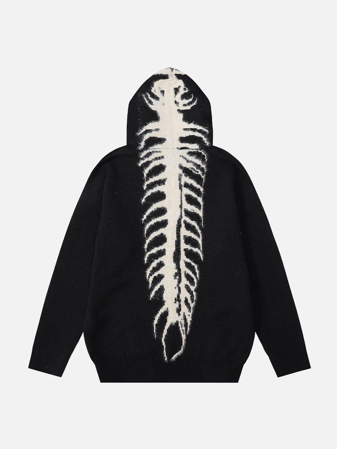 Front of a black TALISHKO sweater hoodie, showcasing a bold tailbone pattern in jacquard design.