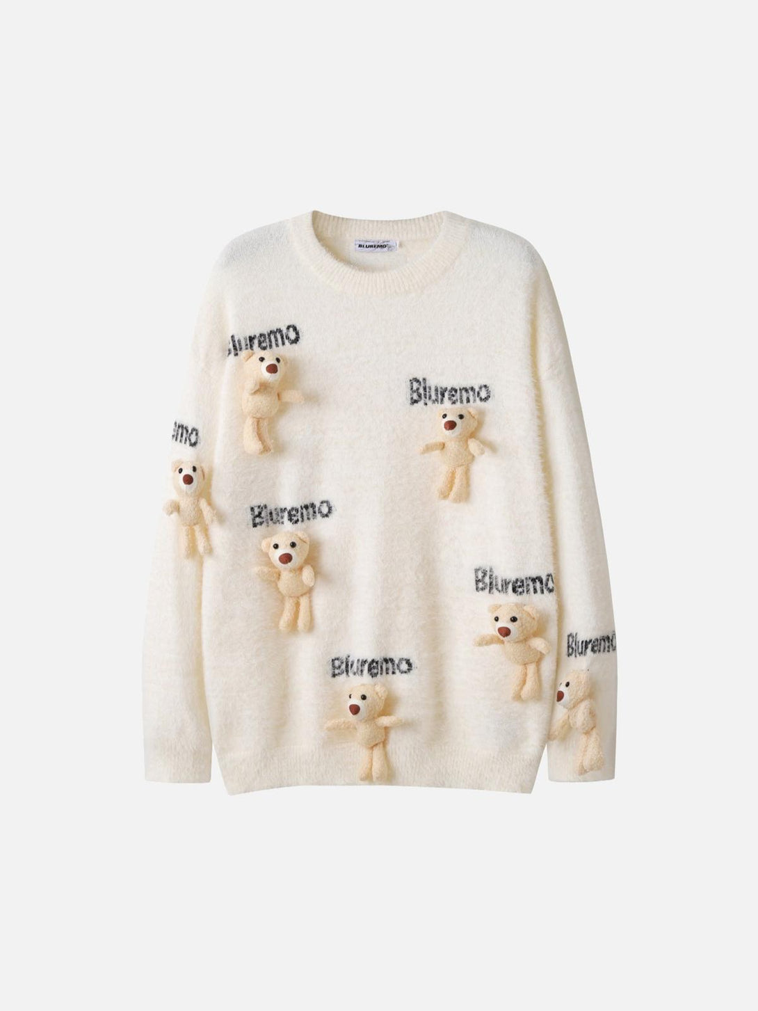 Front view of a beige teddy bear sweater by TALISHKO, featuring playful 3D bear designs.