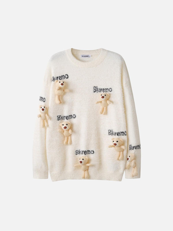 Front view of a beige teddy bear sweater by TALISHKO, featuring playful 3D bear designs.