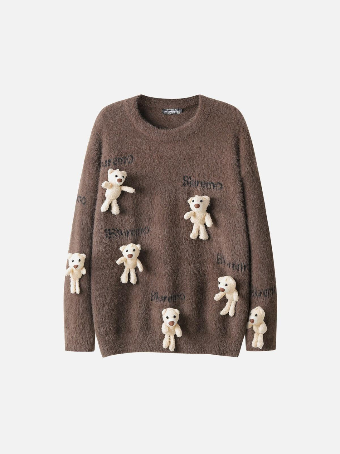 Front view of a cozy coffee sweater by TALISHKO, adorned with playful teddy bear dolls.