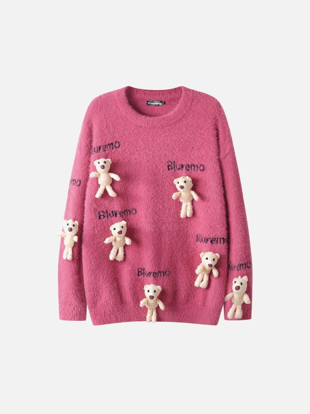 Front view of a pink teddy bear sweater by TALISHKO, featuring playful 3D bear accents.