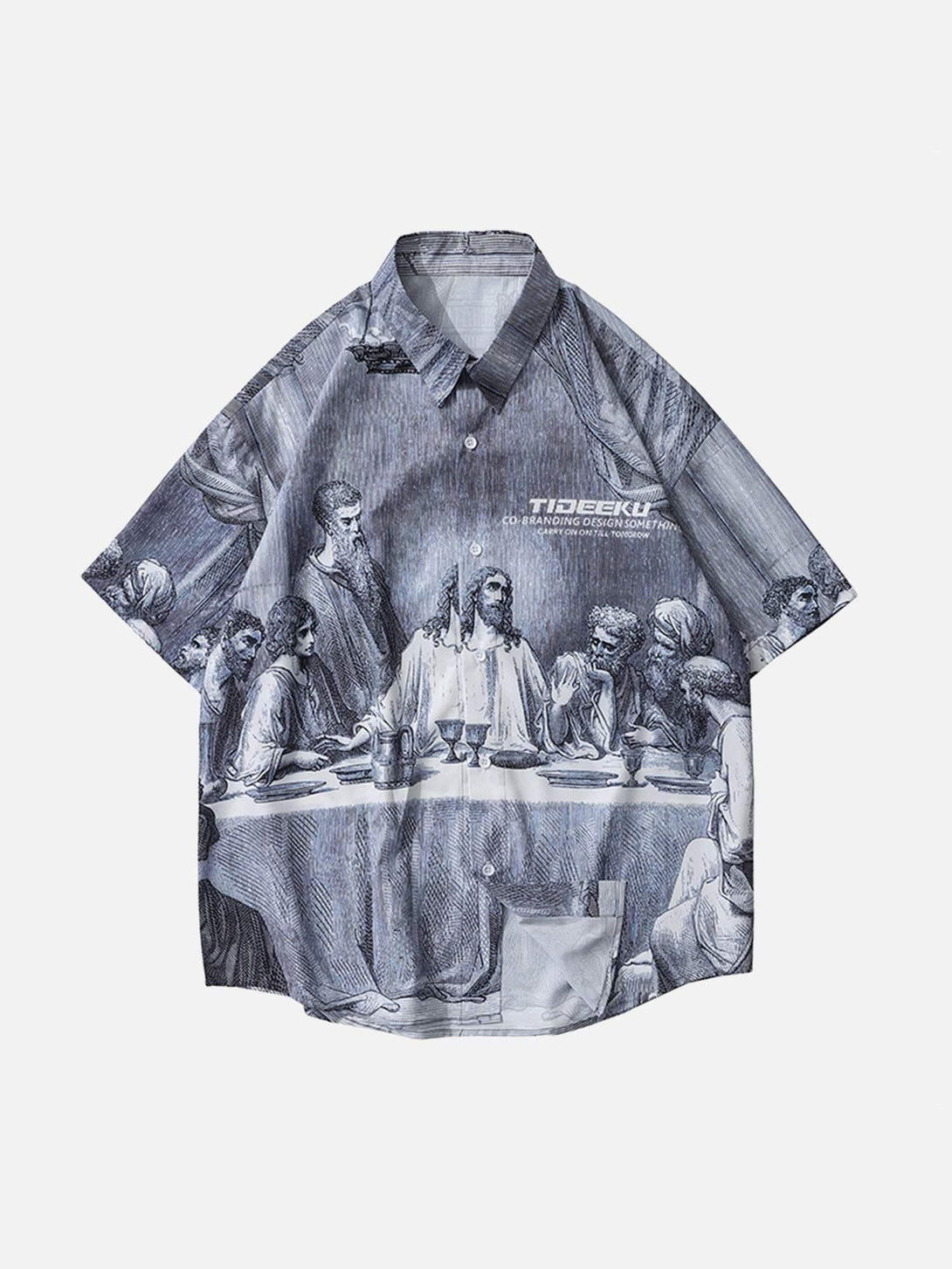 Front view of a gray shirt featuring The Last Supper print, designed by TALISHKO.