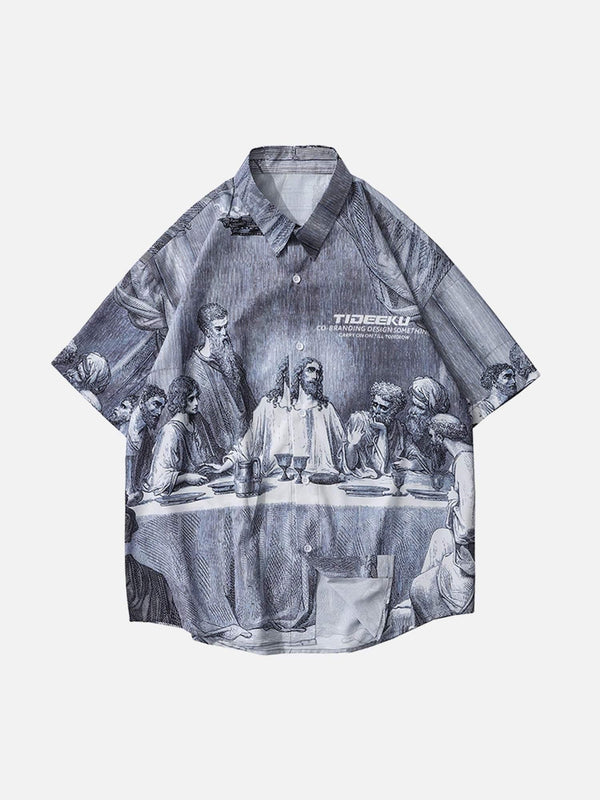 Front view of a gray shirt featuring The Last Supper print, designed by TALISHKO.