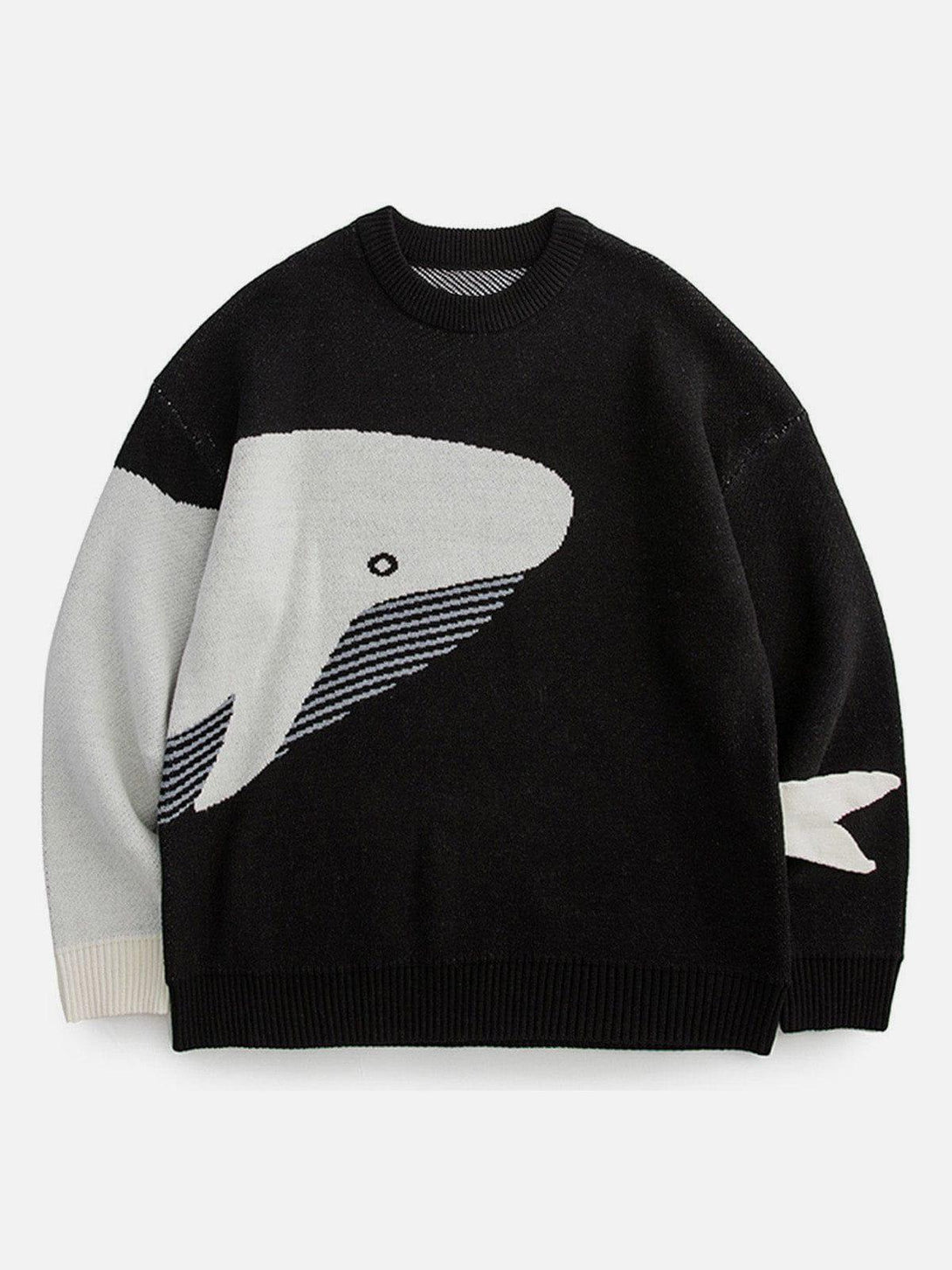 Cozy black sweater featuring a whale design, perfect for casual style by TALISHKO.