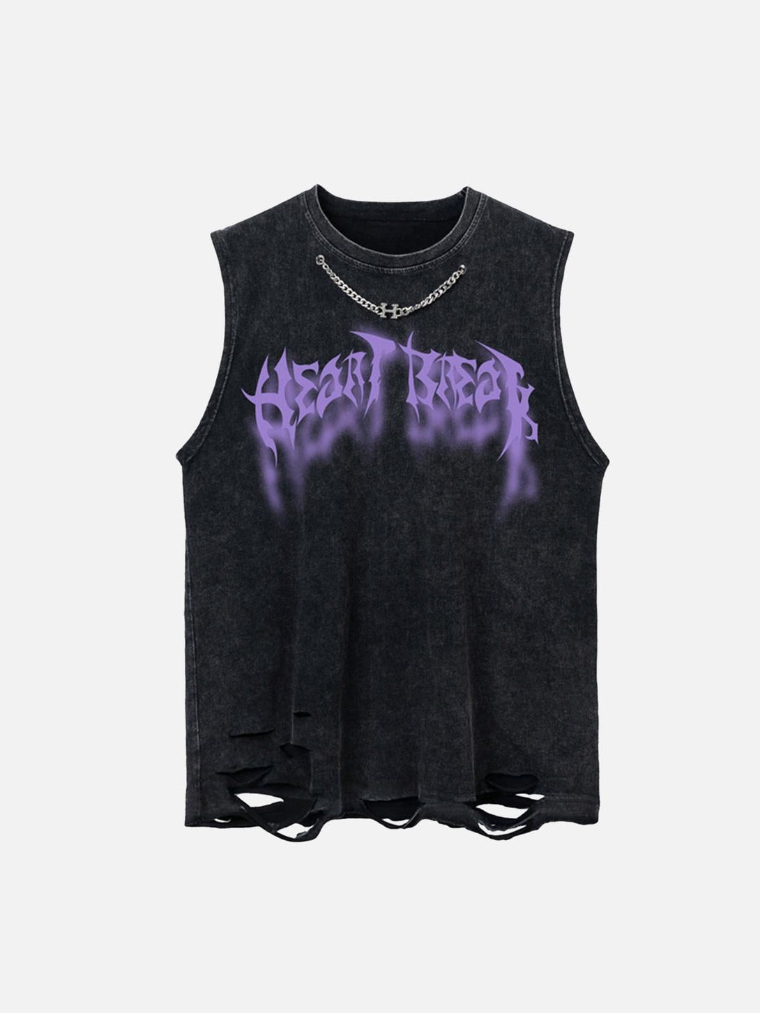 Front view of a black distressed vest by TALISHKO with purple lettering and chain detail.