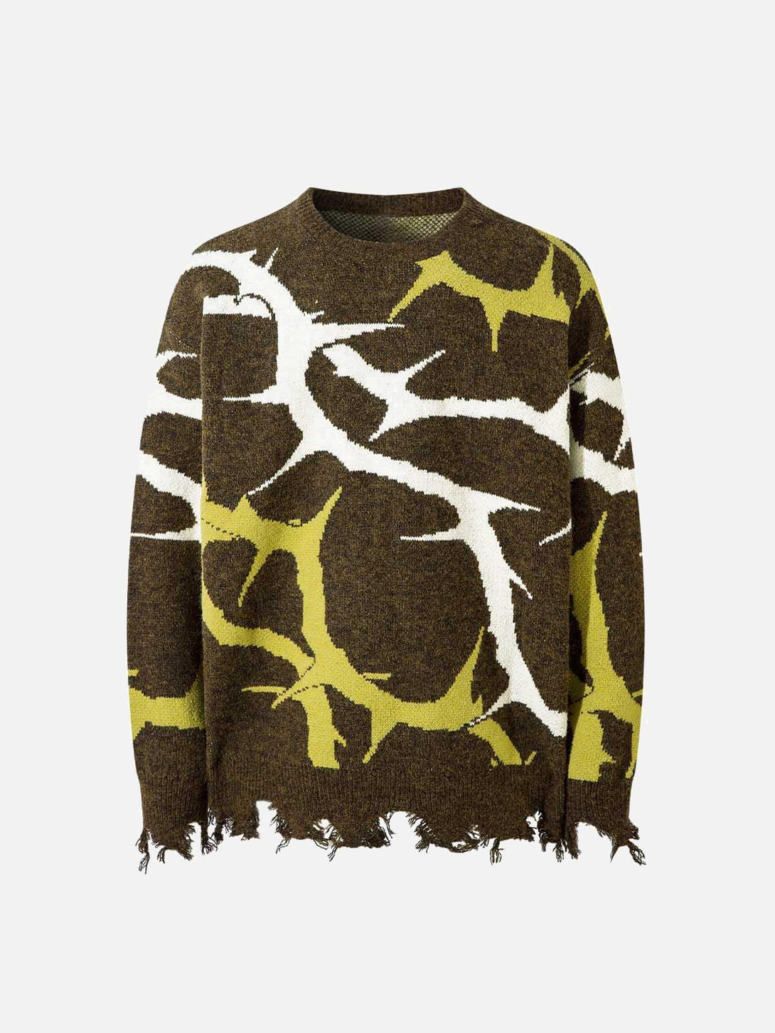 Front view of brown thorn-patterned sweater with distressed edges, designed by TALISHKO.