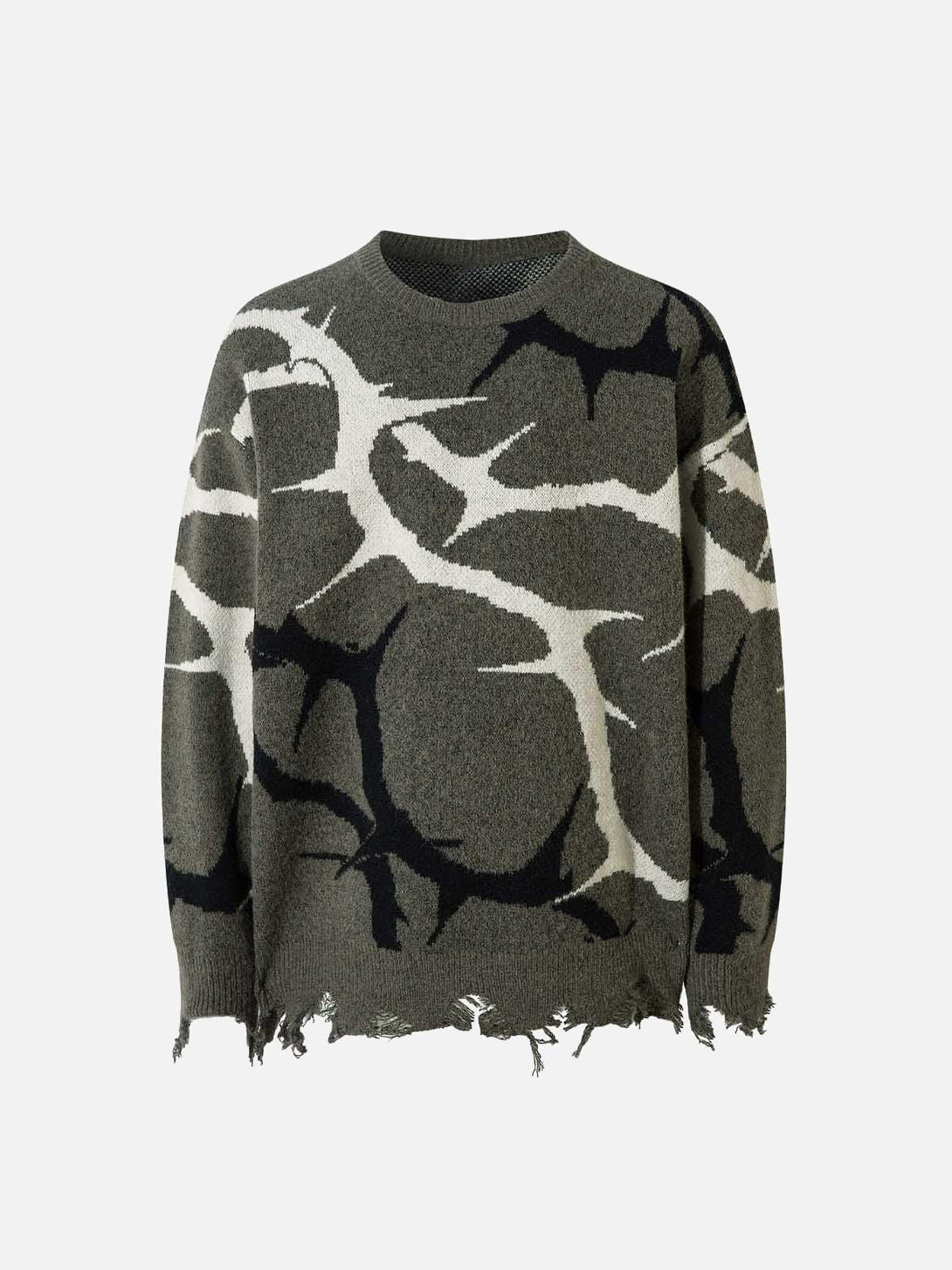 Front view of dark green thorn-patterned sweater with distressed hem, crafted by TALISHKO.