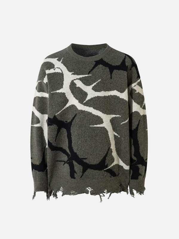 Front view of dark green thorn-patterned sweater with distressed hem, crafted by TALISHKO.