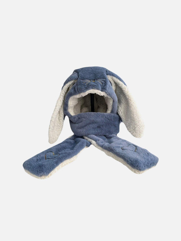 Front view of a blue three-in-one big ear hat with scarf and gloves by TALISHKO, cozy and stylish.