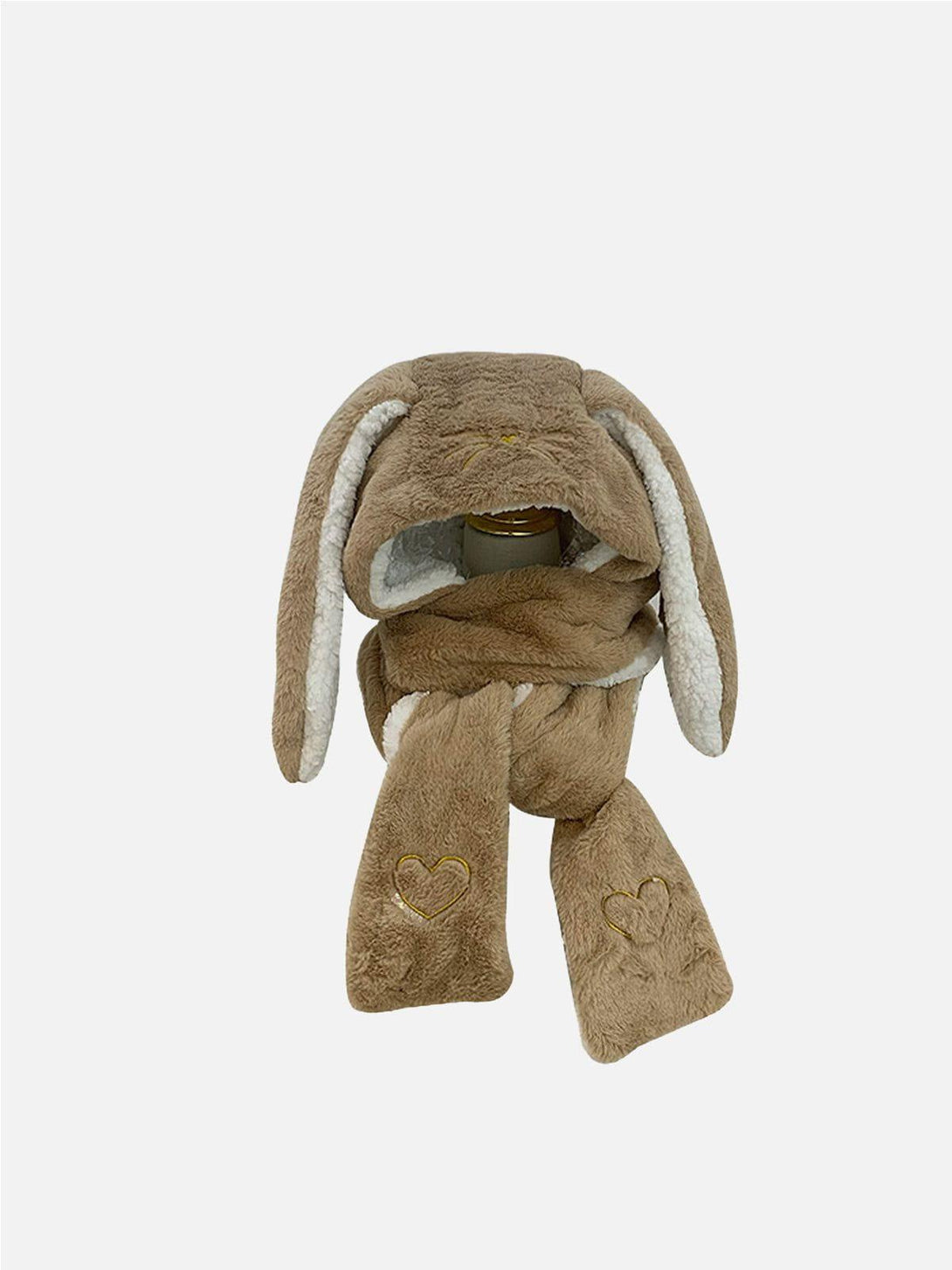 Khaki three-in-one big ear hat with scarf and gloves by TALISHKO, front view, cozy style.