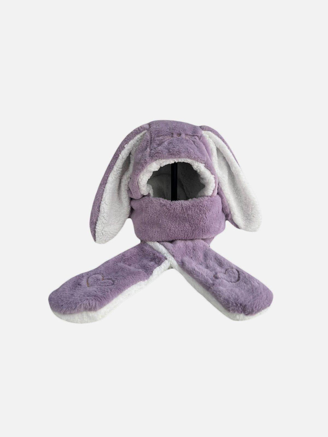 Front view of a purple three-in-one hat with scarf and gloves by TALISHKO, featuring big ears.