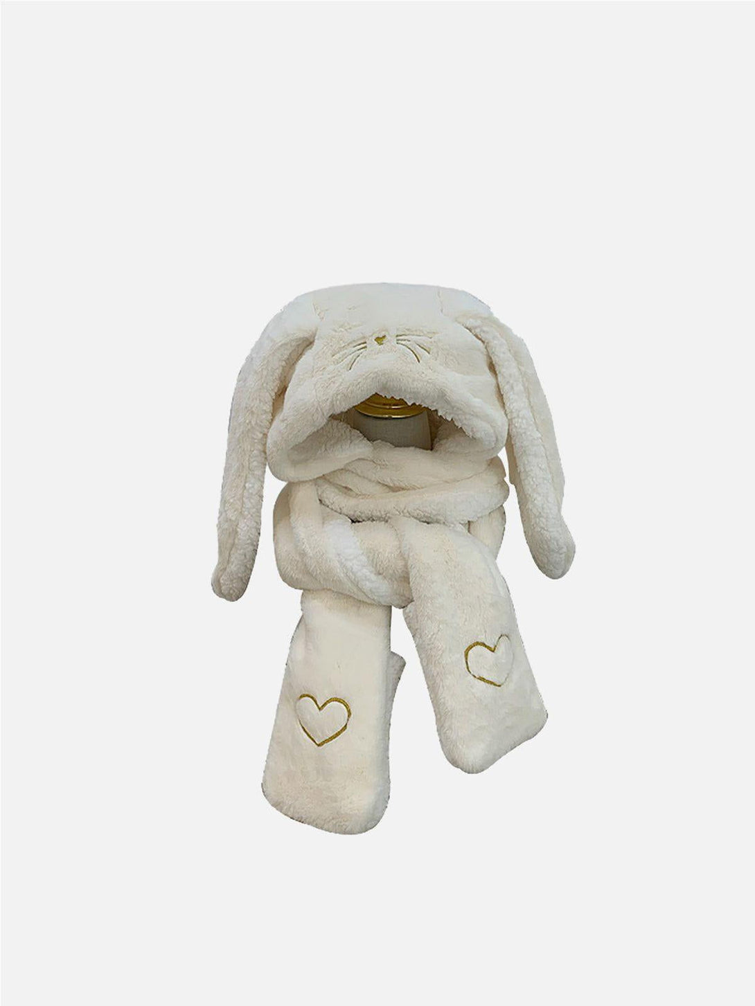 Cozy white three-in-one big ear hat with scarf and gloves by TALISHKO, perfect for warmth.