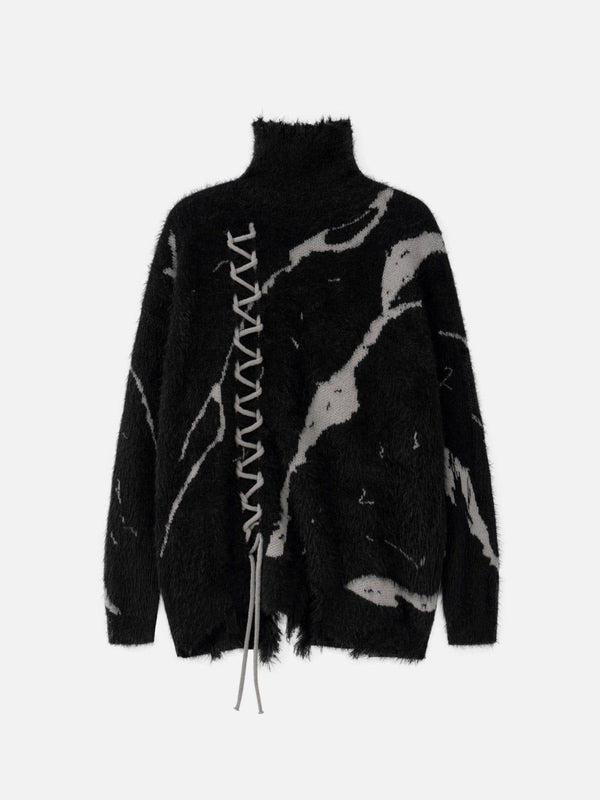 Front view of a black tie-dye bandage turtleneck sweater by TALISHKO, featuring unique lace-up detail.
