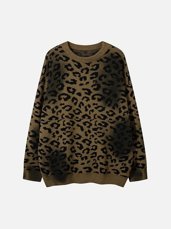 Front view of a brown cheetah jacquard sweater by TALISHKO, perfect for a trendy look.