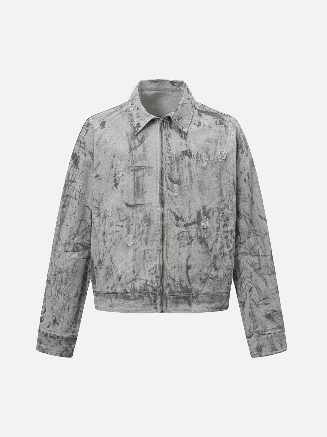 Front view of TALISHKO light gray tie-dye denim bomber jacket, featuring a unique pattern.