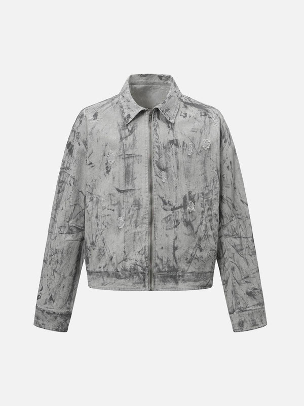 Front view of TALISHKO light gray tie-dye denim bomber jacket, featuring a unique pattern.