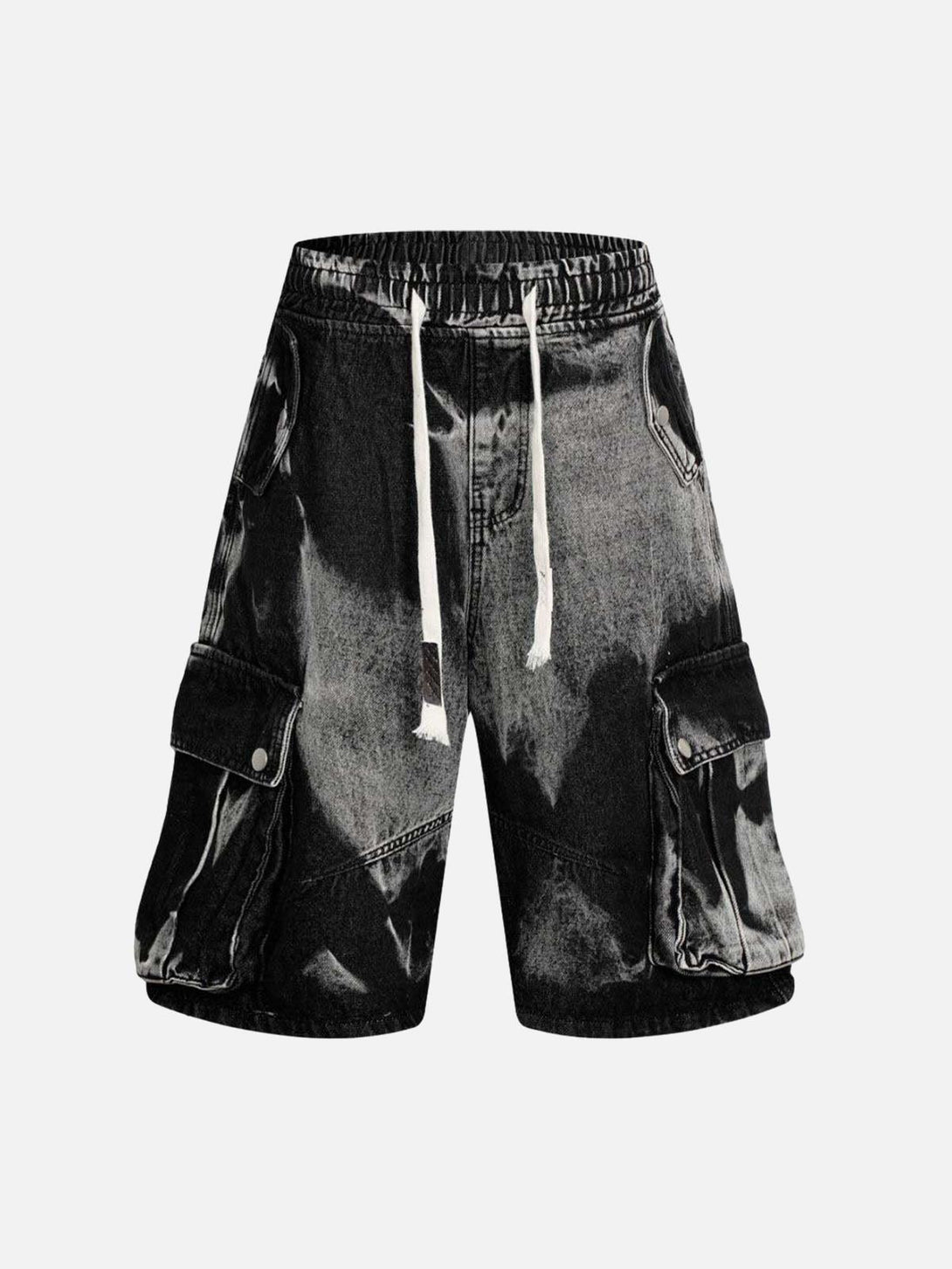 TALISHKO black tie-dye drawstring cargo jorts, front view, showcasing casual summer vibes.