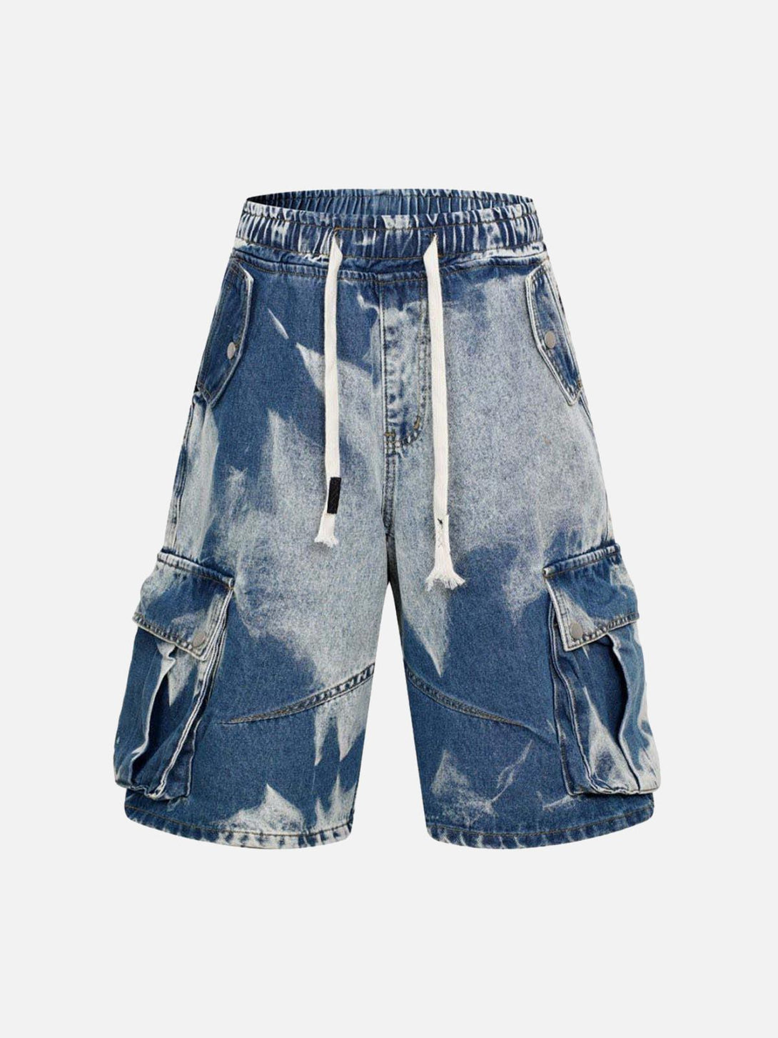 Front view of TALISHKO blue tie-dye cargo shorts with drawstring, perfect for casual outings.
