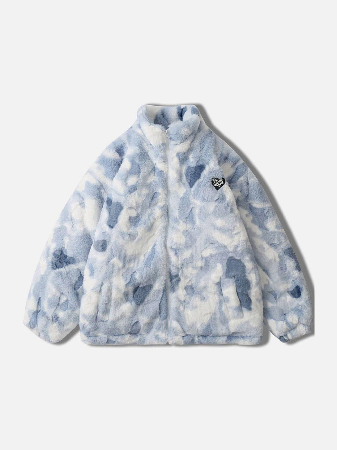 TALISHKO's blue tie-dye sherpa coat in a cozy front view, perfect for trendy street style.