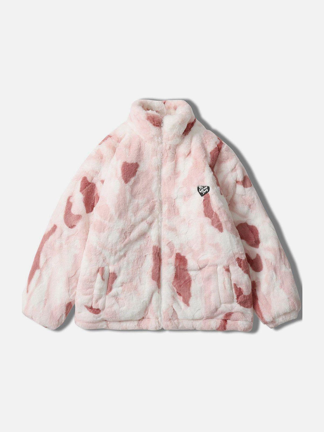 Front view of a pink tie-dye sherpa coat by TALISHKO, featuring cozy heart patterns.