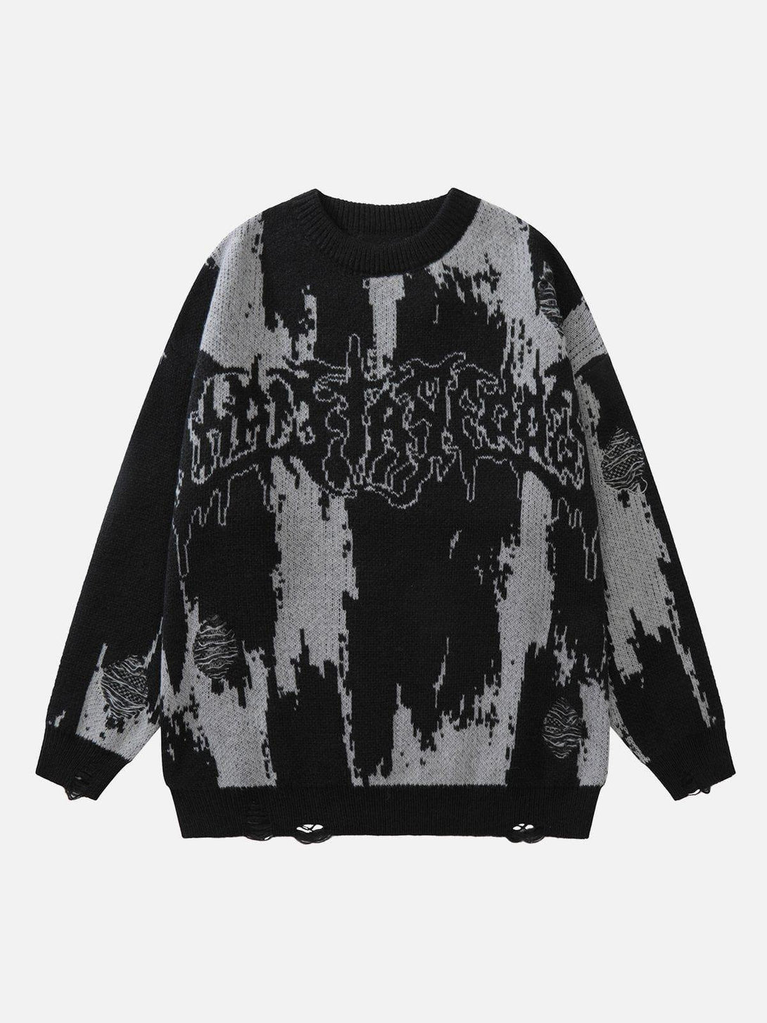 Front view of a black tie-dye sweater with letter print design by TALISHKO, ideal for edgy style.