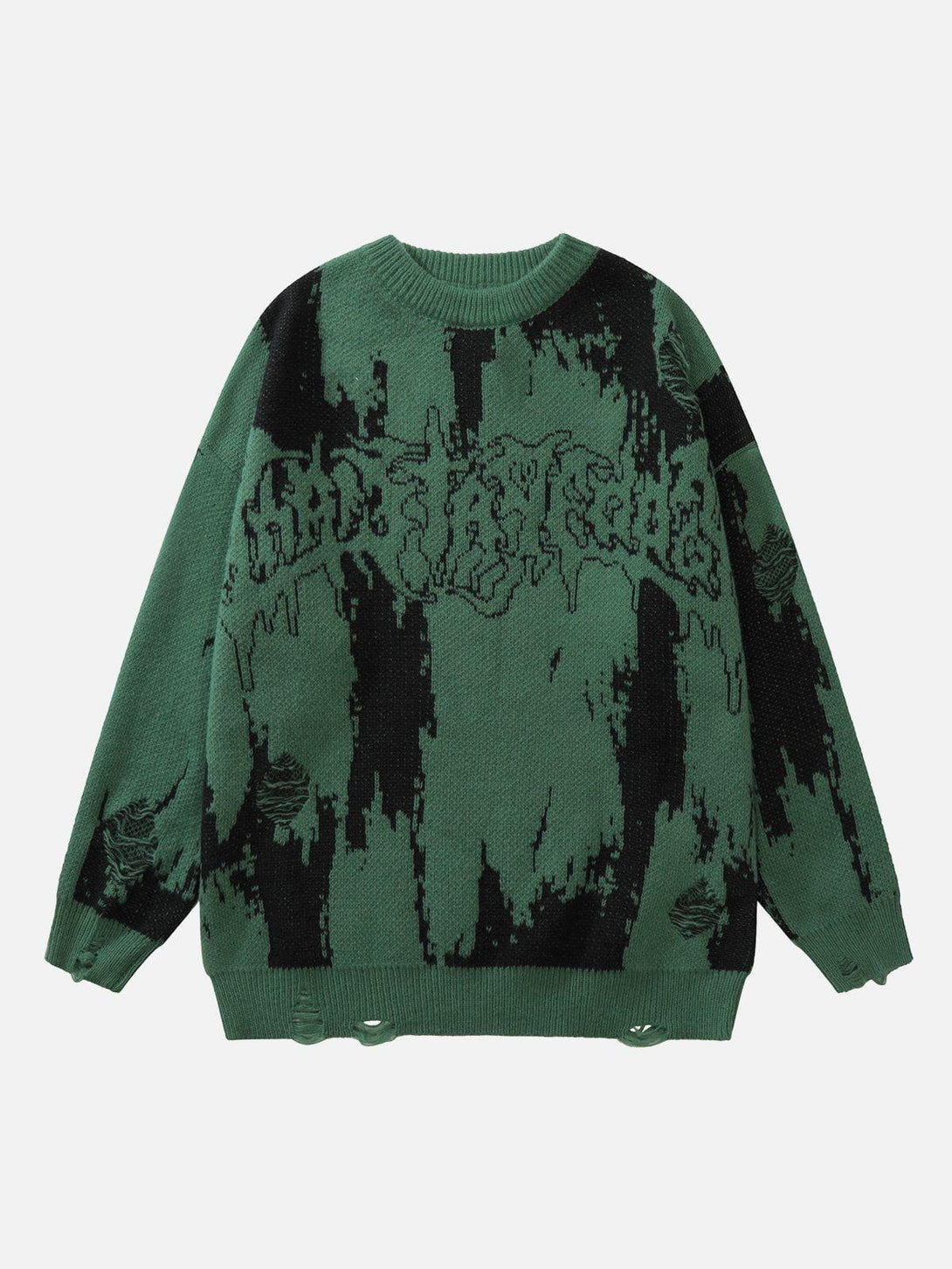 Front view of a green tie-dye sweater with letter print design by TALISHKO, ideal for urban style.