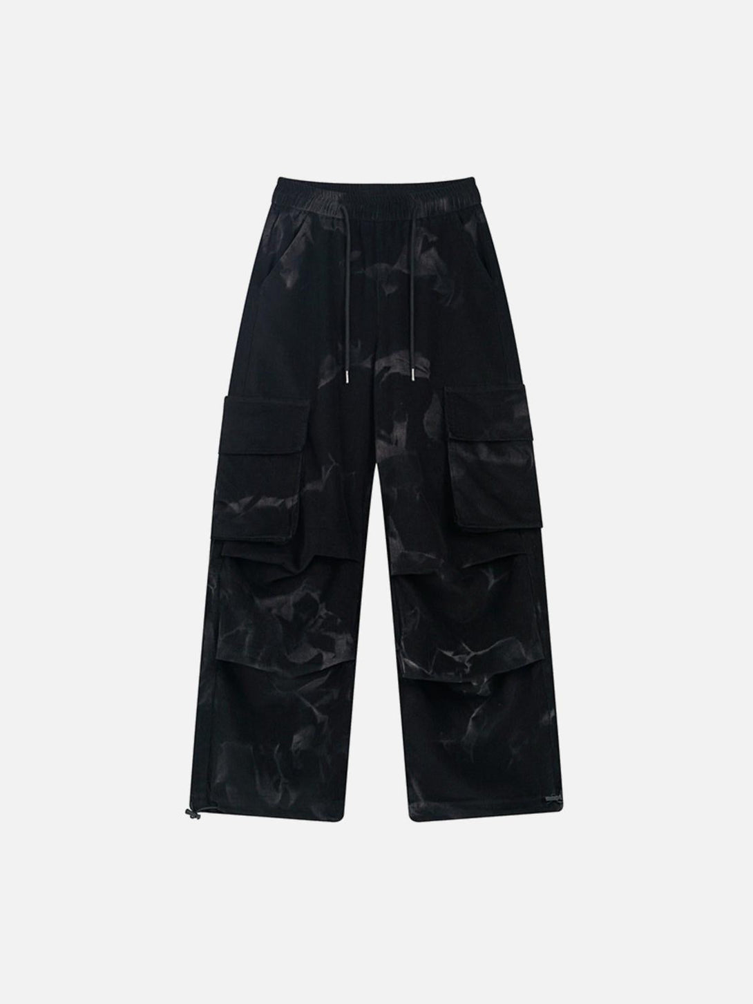 Front view of black tie-dye corduroy pants featuring multiple pockets by TALISHKO.