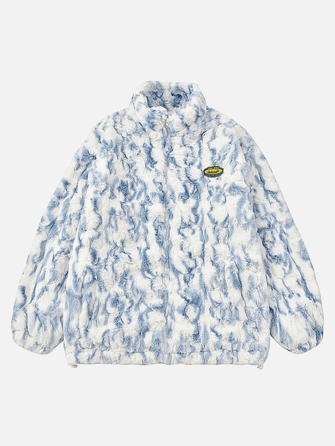 Front view of a blue tie-dye sherpa jacket with a stand collar by TALISHKO, showcasing a soft texture.
