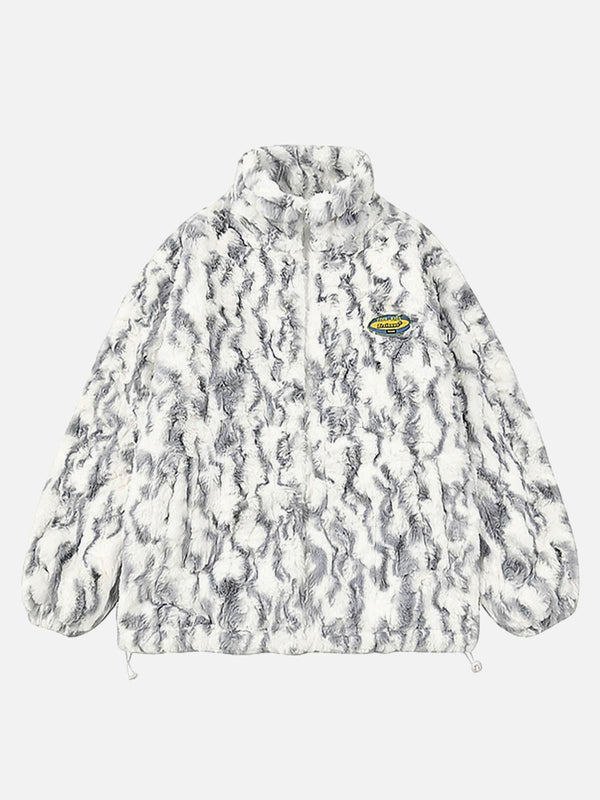 Front view of a gray tie-dye sherpa jacket with stand collar by TALISHKO, featuring a cozy texture.