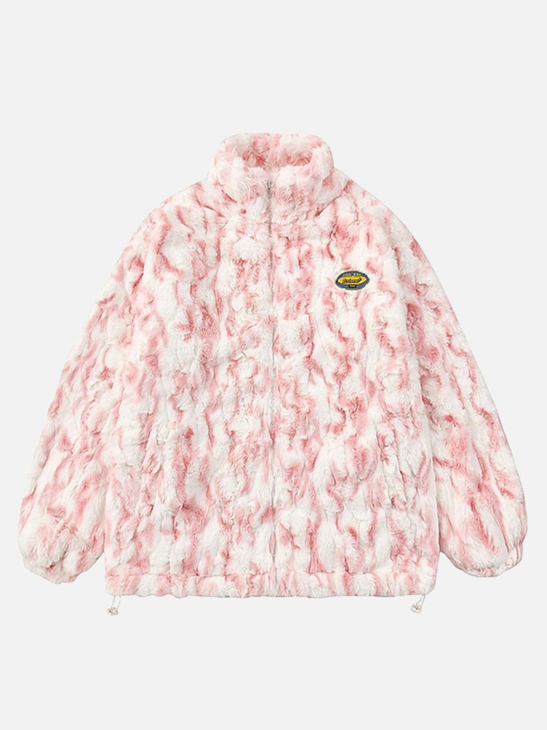 Front view of a pink tie-dye sherpa jacket with stand collar by TALISHKO, featuring a plush texture.