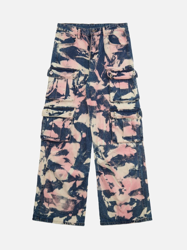Front view of TALISHKO tie-dye camouflage cargo jeans in pink, perfect for bold street style.