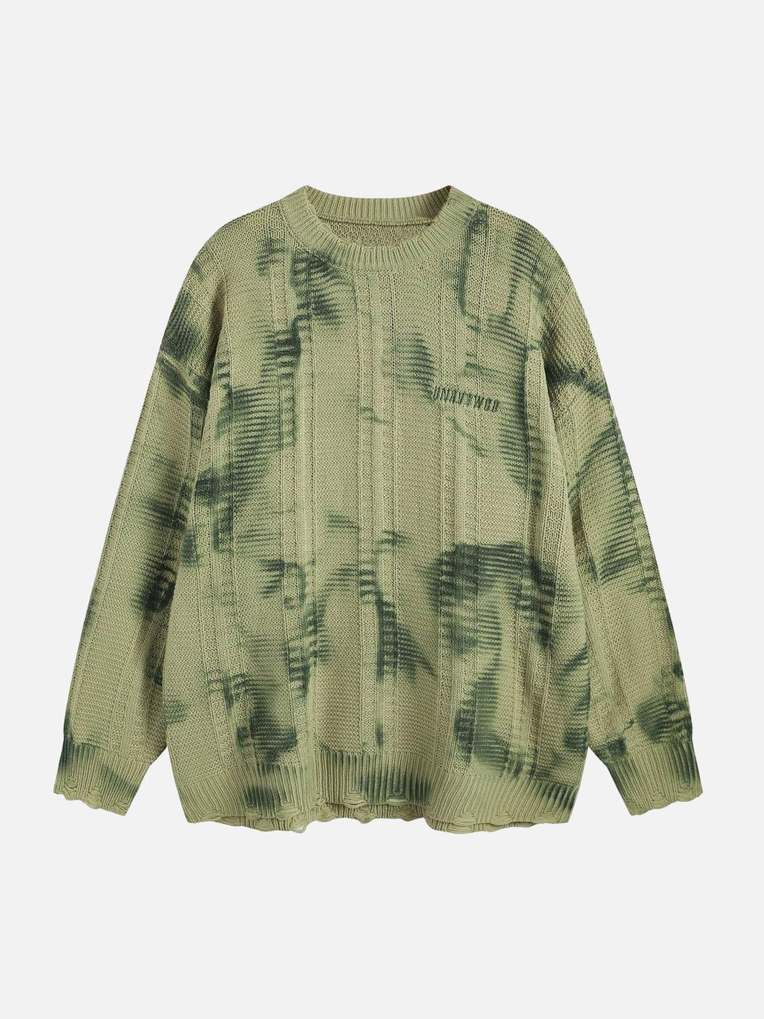 Front view of green tie-dye sweater by TALISHKO, featuring a relaxed, urban-inspired design.