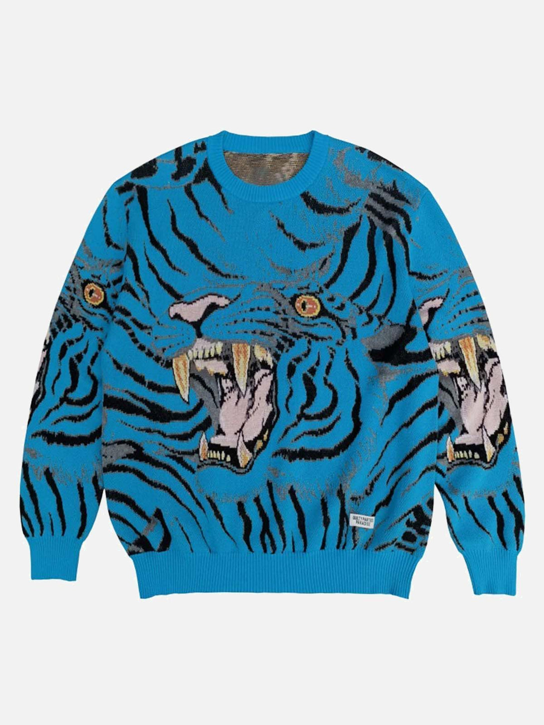 Blue tiger-patterned crew neck sweater by TALISHKO, showcasing bold design in a front view.