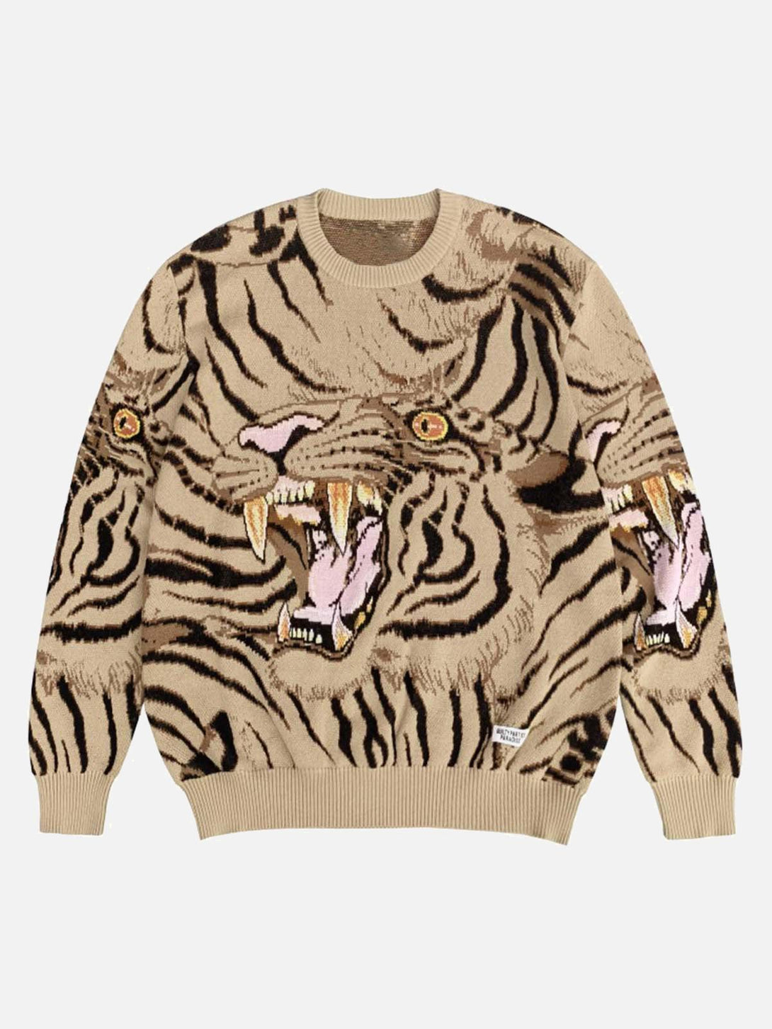 TALISHKO's khaki crew neck sweater with fierce tiger pattern, perfect for bold street style.