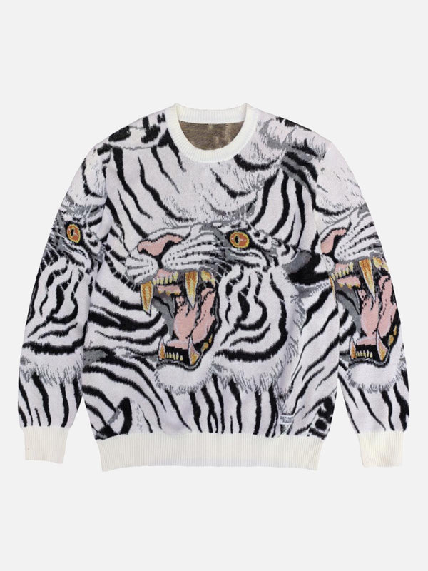 Bold white tiger-patterned crew neck sweater by TALISHKO, featuring striking street style.