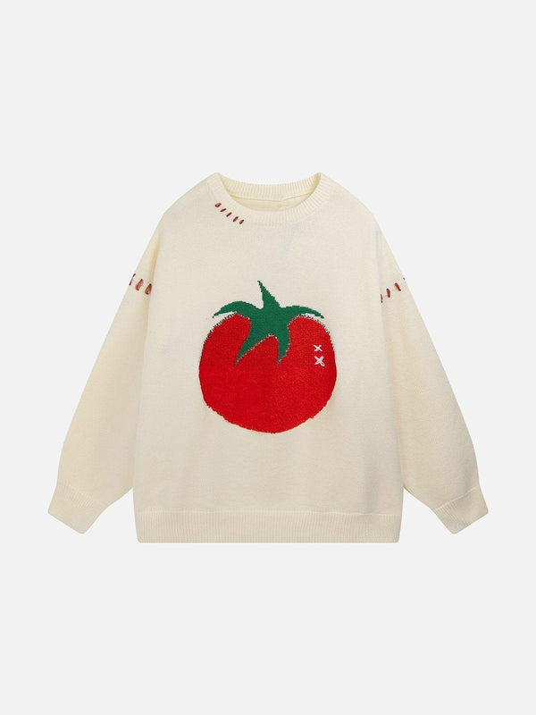 Front view of apricot sweater featuring a playful tomato design by TALISHKO, ideal for casual wear.