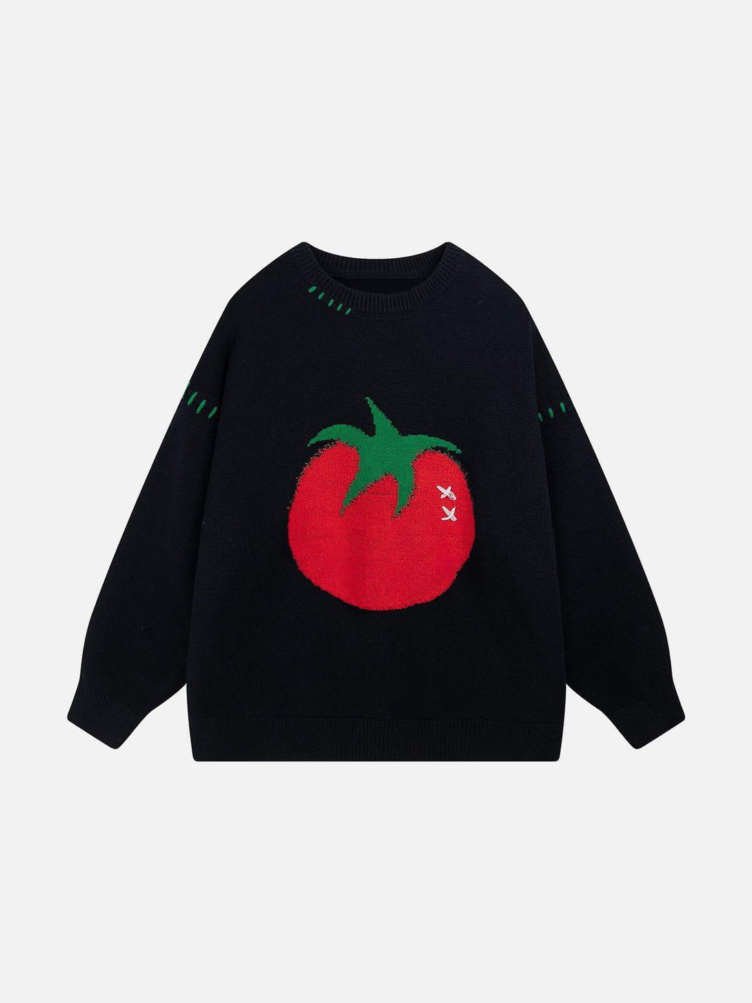 Front view of TALISHKO black sweater with bold tomato design, perfect for playful street style.