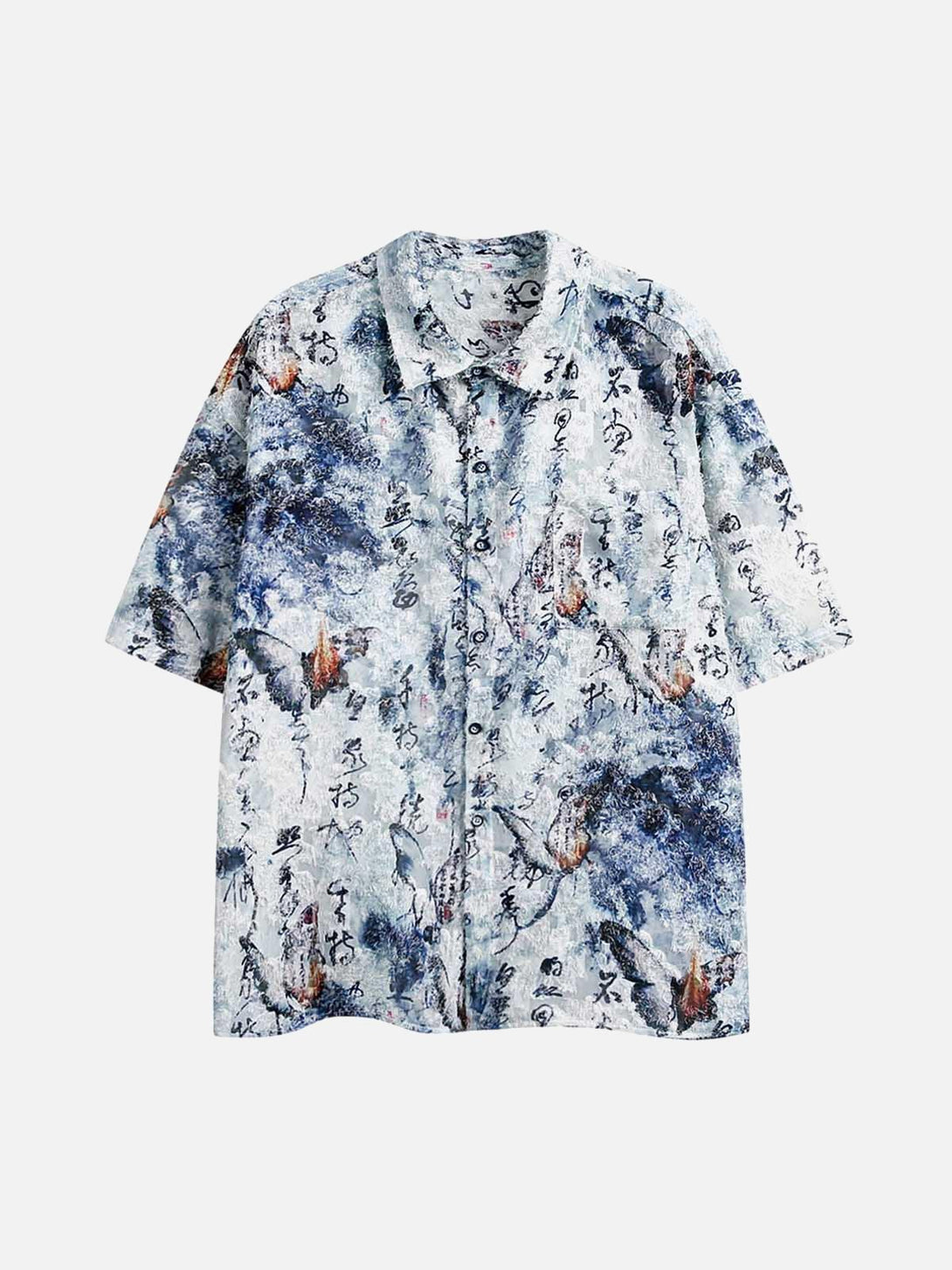 Front view of a blue short-sleeve shirt featuring traditional calligraphy print by TALISHKO.