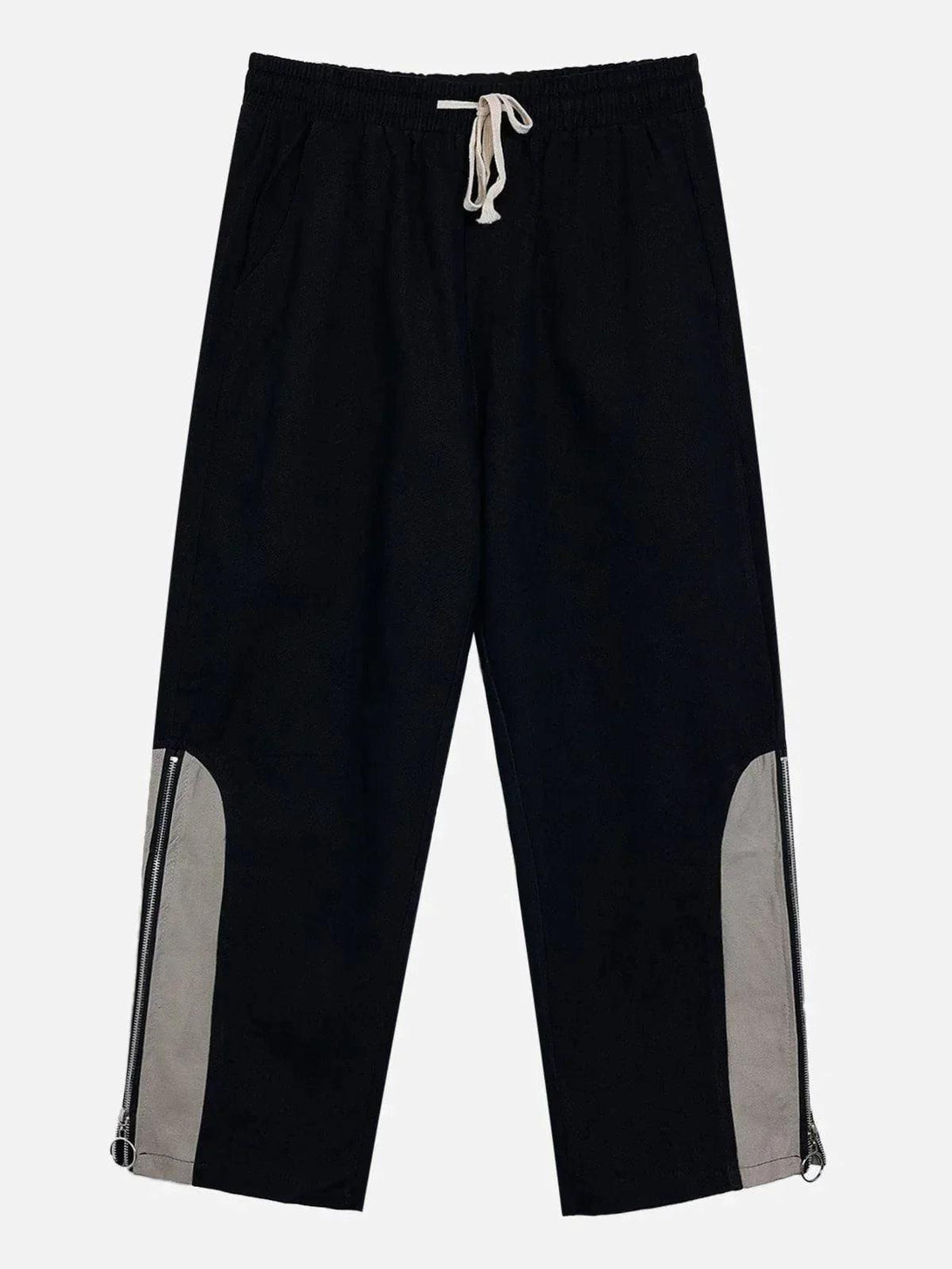 Front view of trendy black zipper straight-leg pants by TALISHKO, ideal for urban style.