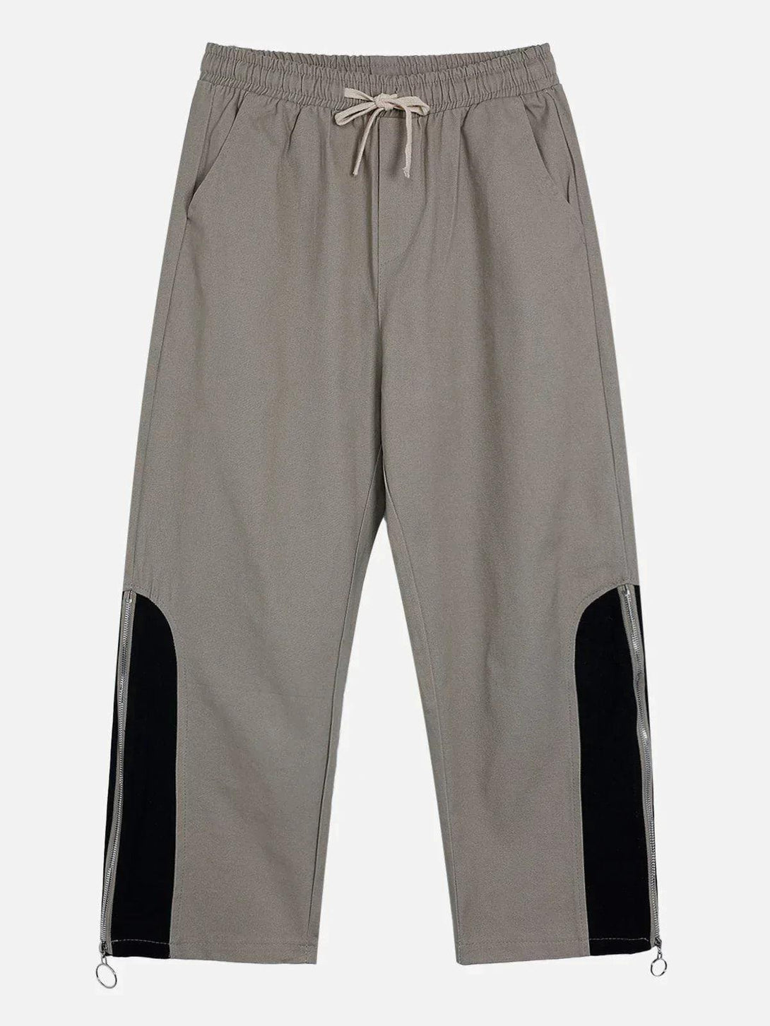 Front view of khaki zipper straight-leg pants by TALISHKO, perfect for urban street style.