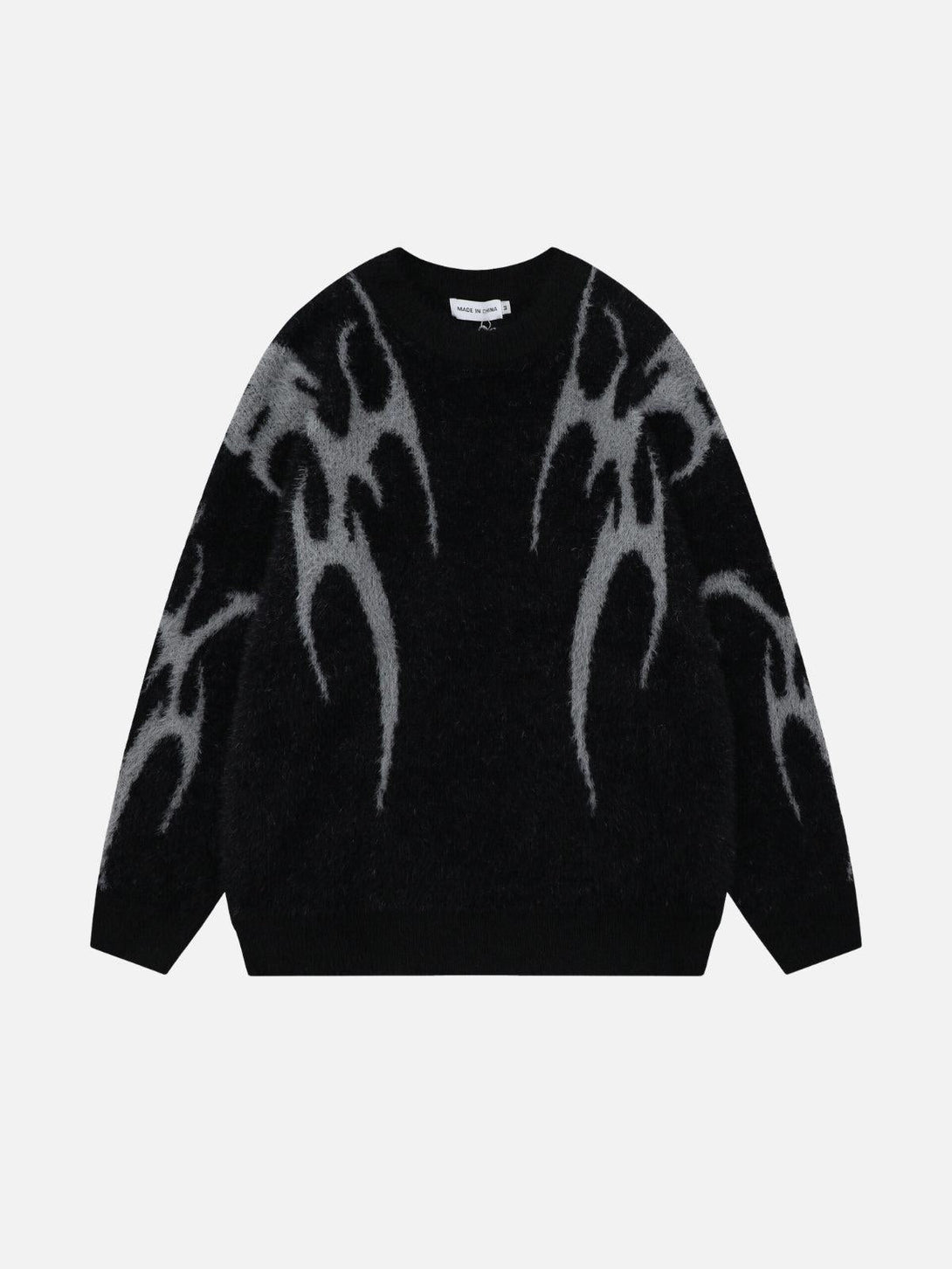 Front view of a black tribal jacquard knit sweater by TALISHKO, featuring bold gray patterns.