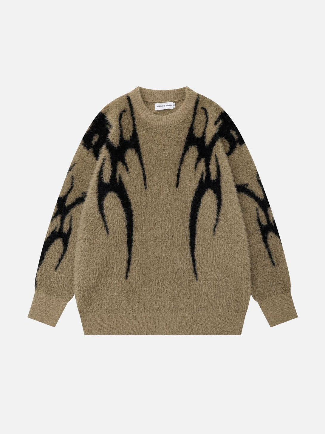 Front view of a khaki tribal jacquard knit sweater by TALISHKO, featuring bold black patterns.
